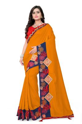 Dark mustard embroidered faux silk saree with blouse 1