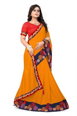 Dark mustard embroidered faux silk saree with blouse 2
