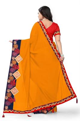 Dark mustard embroidered faux silk saree with blouse 3