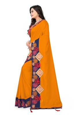 Dark mustard embroidered faux silk saree with blouse 4