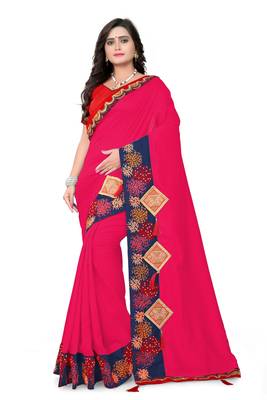 Dark rani pink embroidered faux silk saree with blouse 1