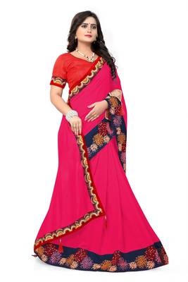 Dark rani pink embroidered faux silk saree with blouse 2