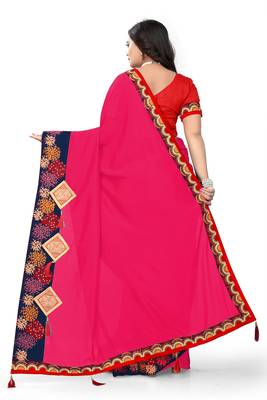 Dark rani pink embroidered faux silk saree with blouse 3