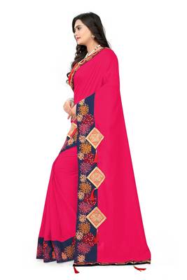 Dark rani pink embroidered faux silk saree with blouse 4