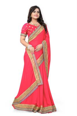 Dark rani pink embroidered silk saree with blouse 2