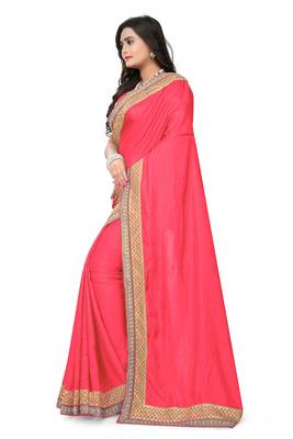 Dark rani pink embroidered silk saree with blouse 4