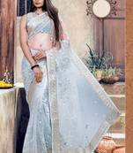 Grey embroidered net saree with blouse
