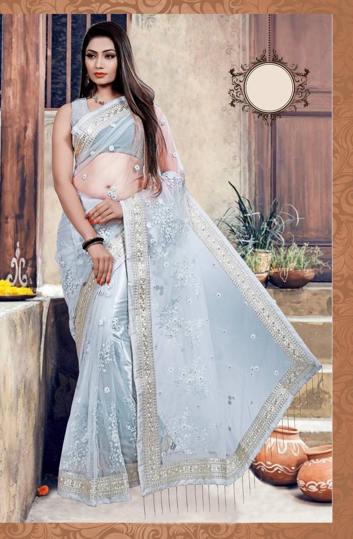 Grey embroidered net saree with blouse