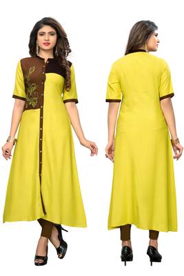 Yellow embroidered rayon kurtis 5
