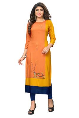 Orange embroidered rayon kurtis 1