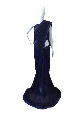Navy Blue Woven Georgette Saree With Blouse 1