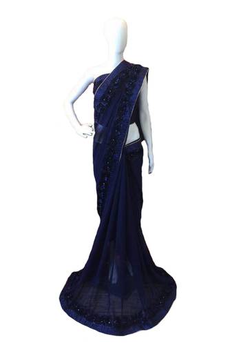 Navy Blue Woven Georgette Saree With Blouse