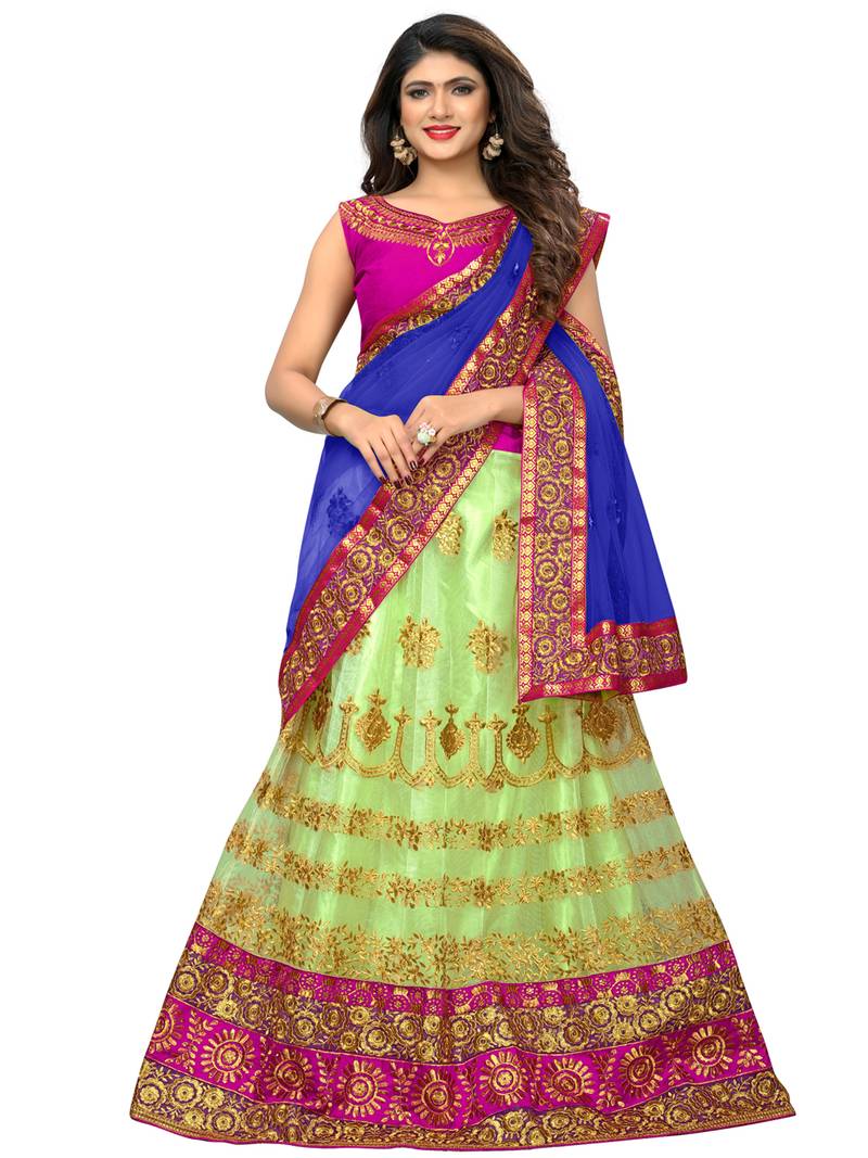Green lace net semi stitched lehenga with dupatta