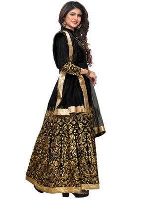 Black fancy silk semi stitched lehenga with dupatta 4