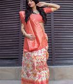 Monjolika Fashion Off white woven silk blend saree with blouse