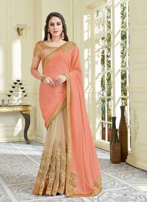 Peach Embroidered Net Saree With Blouse 1