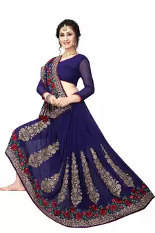 Navy Blue Embroidered Georgette Saree With Blouse