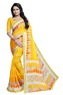 Yellow printed georgette saree with blouse 1