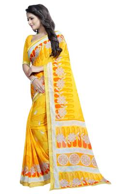 Yellow printed georgette saree with blouse 3
