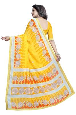 Yellow printed georgette saree with blouse 4