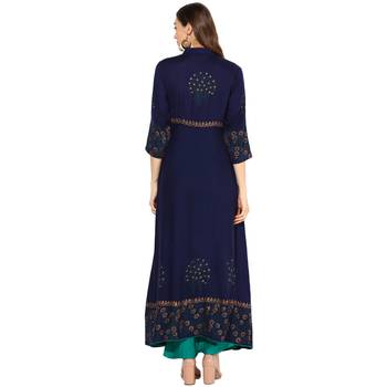 Navy Blue Rayon Block Prints A-Line Anarkali Kurti With Rama Green Rayon Palazzo set 4