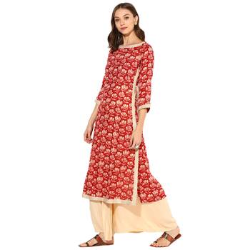 multicolor Rayon Digital Printed Long Anarkali Kurta With Solid Beige Rayon Palazzo Set. 3