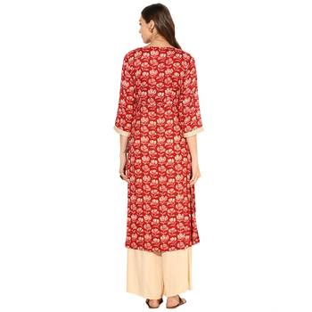 multicolor Rayon Digital Printed Long Anarkali Kurta With Solid Beige Rayon Palazzo Set. 4
