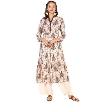 multicolor Rayon Digital Printed Long Anarkali Kurti With Solid Cream Rayon Palazzo Set 1