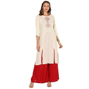 Cream Cotton Slub Machine Embroidery Long Straight Kurta With Red Rayon Palazzo Set. 1