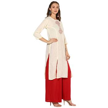 Cream Cotton Slub Machine Embroidery Long Straight Kurta With Red Rayon Palazzo Set. 2