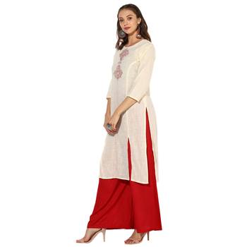 Cream Cotton Slub Machine Embroidery Long Straight Kurta With Red Rayon Palazzo Set. 3