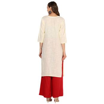 Cream Cotton Slub Machine Embroidery Long Straight Kurta With Red Rayon Palazzo Set. 4
