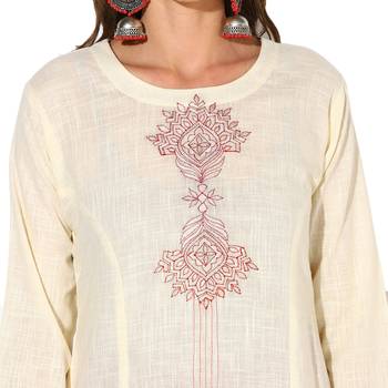 Cream Cotton Slub Machine Embroidery Long Straight Kurta With Red Rayon Palazzo Set. 5