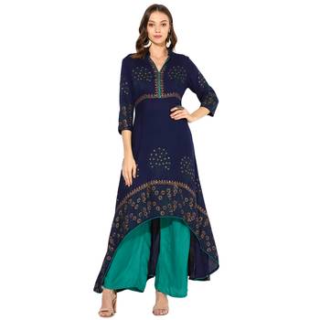 Navy Blue Rayon Block Prints Long  A-Line Kurti 1