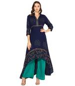 Navy Blue Rayon Block Prints Long  A-Line Kurti