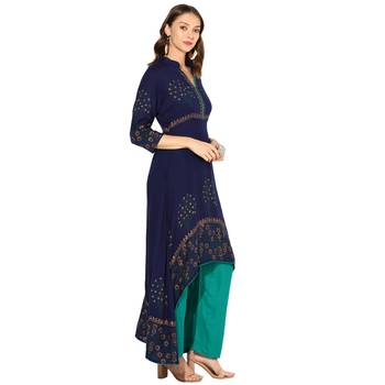 Navy Blue Rayon Block Prints Long  A-Line Kurti 2