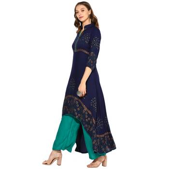 Navy Blue Rayon Block Prints Long  A-Line Kurti 3