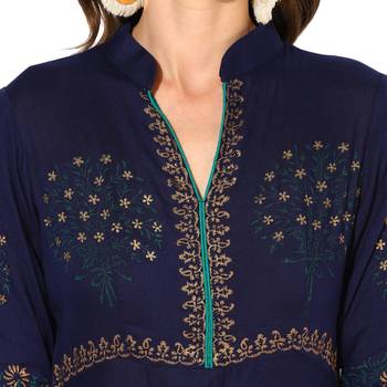 Navy Blue Rayon Block Prints Long  A-Line Kurti 5