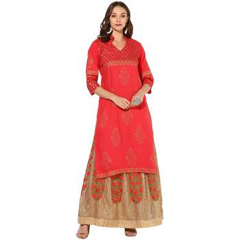 Peach Cotton Block Prints Long  Straight Kurti 1