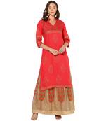 Peach Cotton Block Prints Long  Straight Kurti