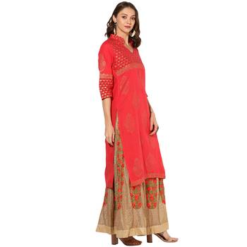 Peach Cotton Block Prints Long  Straight Kurti 2