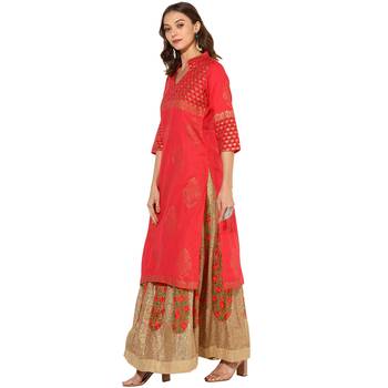 Peach Cotton Block Prints Long  Straight Kurti 3