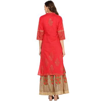Peach Cotton Block Prints Long  Straight Kurti 4