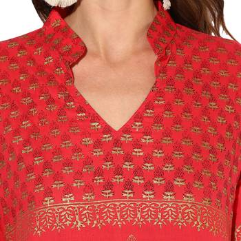 Peach Cotton Block Prints Long  Straight Kurti 5