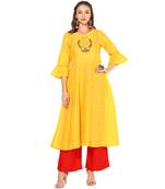 Yellow Cotton Machine Embroidery Long  Anarkali Kurti