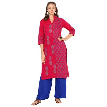 Pink Cotton Block Prints Long  Straight Kurti 1