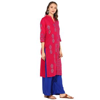 Pink Cotton Block Prints Long  Straight Kurti 2