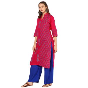 Pink Cotton Block Prints Long  Straight Kurti 3