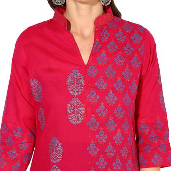 Pink Cotton Block Prints Long  Straight Kurti 5