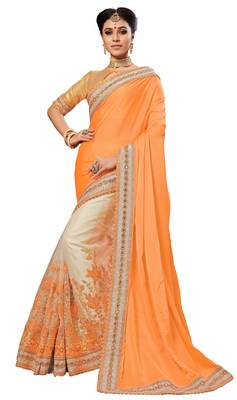 Yellow embroidered satin saree with blouse 1